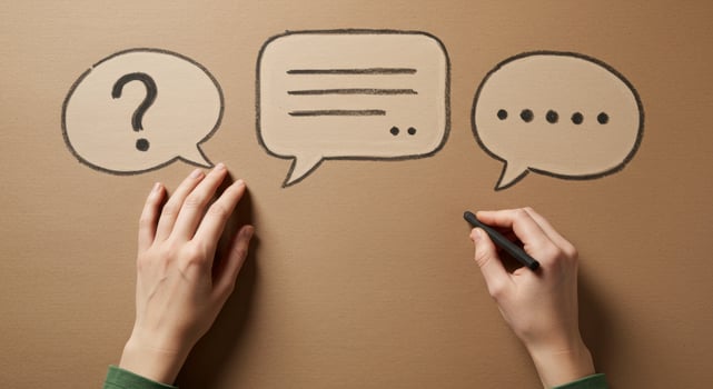 Hands drawing communication symbols speech bubbles question text dots photo