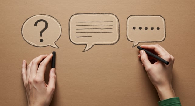 Hands drawing communication symbols speech bubbles question text dots on brown paper photo