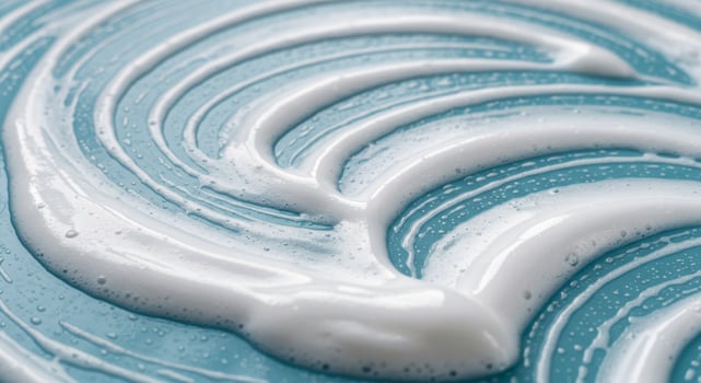 Close up macro shot of white cleaning foam texture on blue surface photo