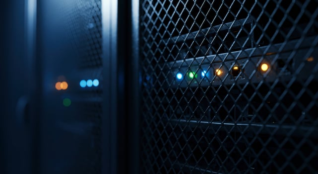 Close up of server rack mesh door with status lights glowing in a dark data center photo