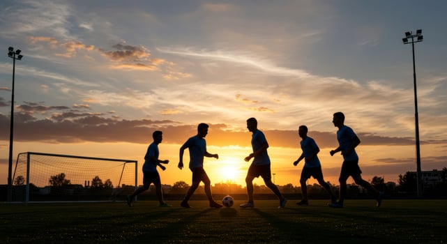 Silhouette of male soccer players playing soccer on a field at sunset photo