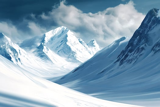 Snow covered mountain peaks rising above a valley under a cloudy sky photo