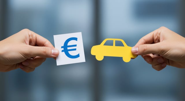 Euro Symbol and Paper Car Held by Hands Representing Purchase Cost photo