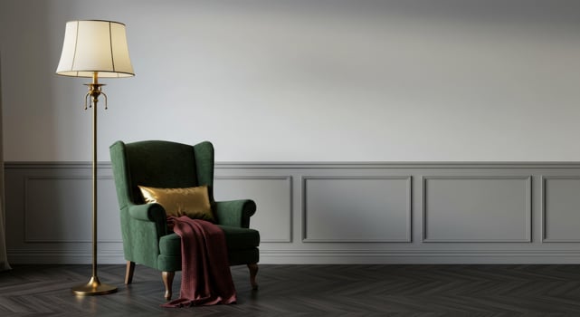Classic living room corner with green velvet armchair floor lamp and wainscoting photo