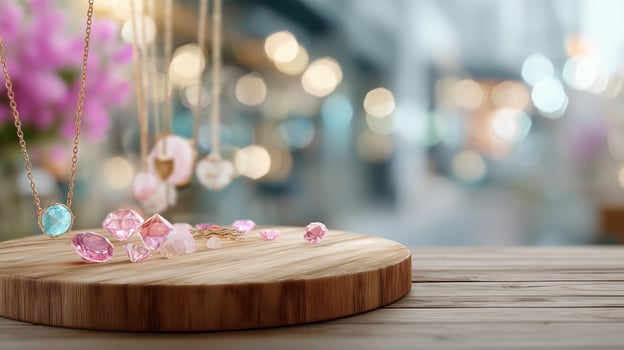 Beautifully crafted jewelry on display in a vibrant boutique with bokeh background effects photo
