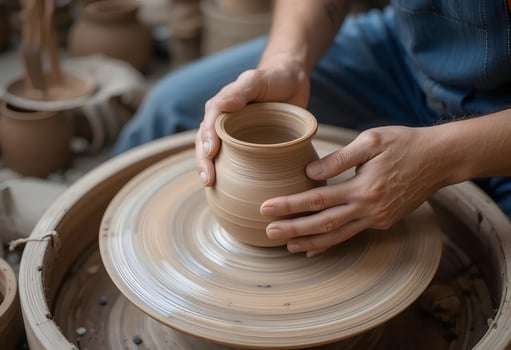 A person is making a pottery vase on a potter's wheel photo