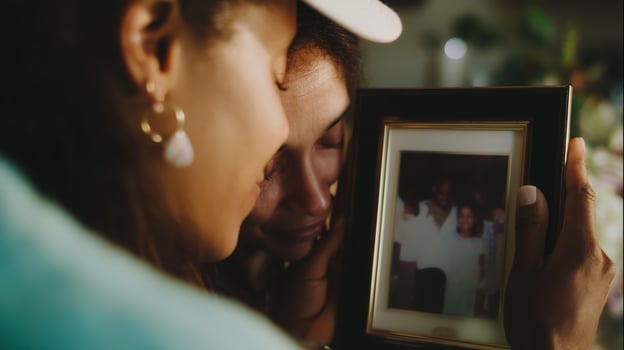 Emotional reunion as two women cherish a cherished memory during a heartfelt moment in a cozy indoor setting photo