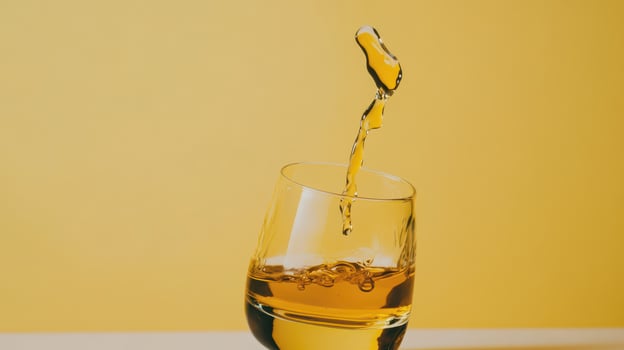 Golden liquid splashes in a glass against yellow photo