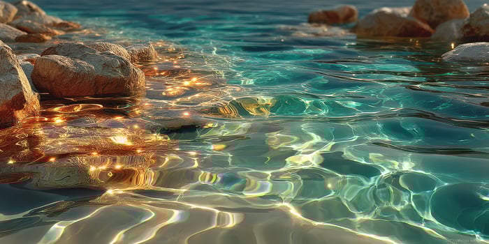 Crystal clear water reflecting sunlight on rocky shore during a peaceful afternoon photo