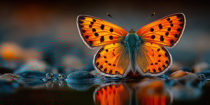 Butterfly resting on a rock by a shimmering pool during a warm summer afternoon photo