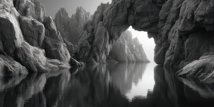 Rock formations create a natural arch over tranquil water reflecting the landscape at dawn in black and white photo
