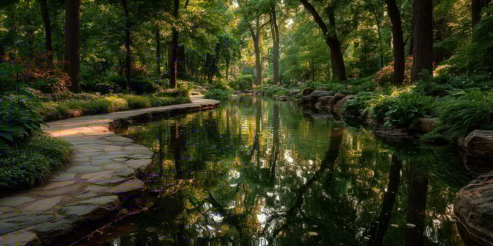 Tranquil afternoon stroll alongside a serene river in a lush green forested area photo