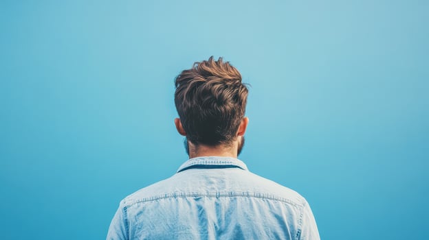 Man stands against clear blue background outdoors photo