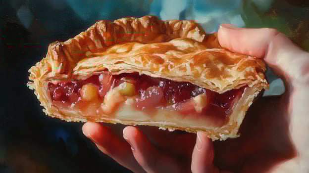 Hand holding a slice of colorful fruit pie. photo