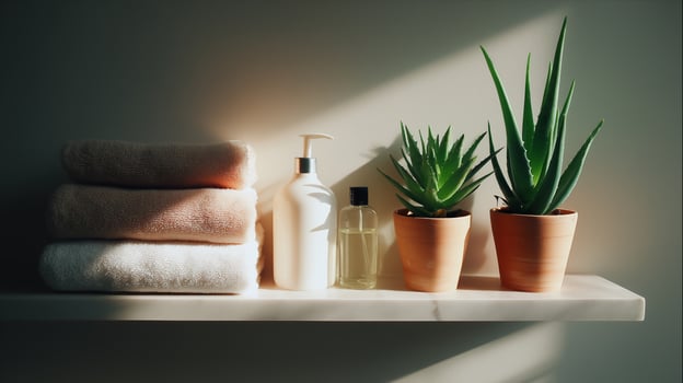 Soft towels and plants on a bathroom shelf create a serene atmosphere in a well-lit space photo
