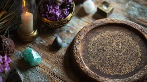 Crafted wooden plate with intricate design photo
