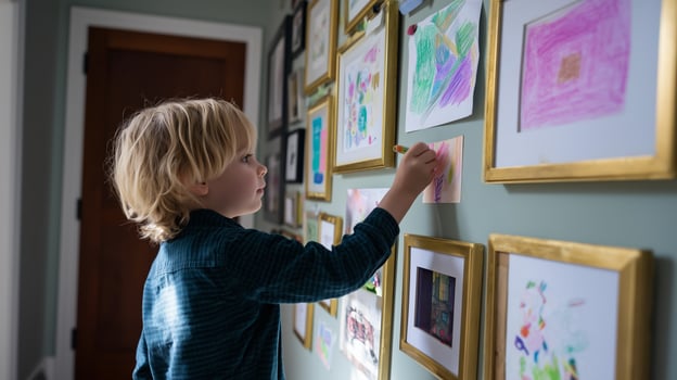 Child engages in creative activity by adding artwork to decorated wall in cozy home setting photo