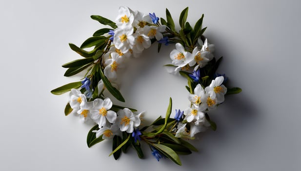 Delicate floral wreath of white blossoms and blue flowers photo