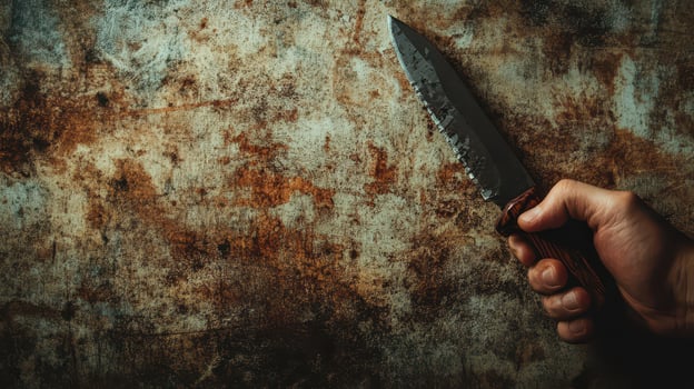 Rusty knife held against weathered background photo
