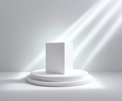 Minimalist white pedestal with dramatic light beams. photo