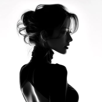 silhouette black and white portrait of an elegant woman with her back turned photo