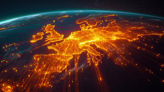 Europe at night, a mesmerizing view of cities shining brightly from the cosmos. photo