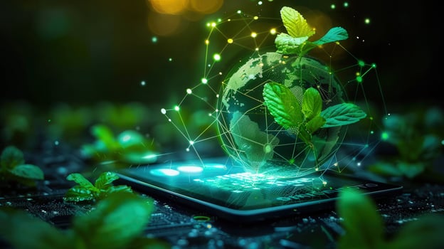 Conceptual image of digital technology supporting the growth of plants with connections to the earth. photo