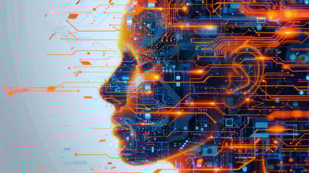 A detailed profile of a human face constructed from intricate digital circuit pathways. photo