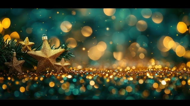 Golden Christmas stars with sparkling bokeh effect, a beautiful holiday season background. photo