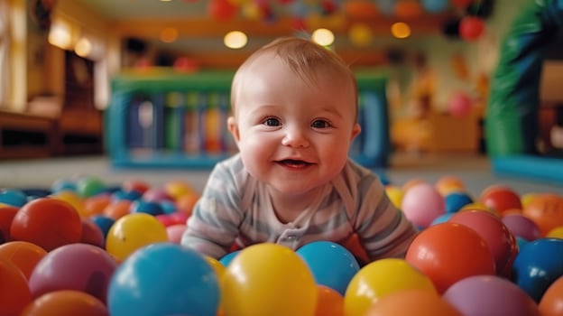 A delighted baby smiles widely while playing in a colorful ball pit, full of joy and laughter. photo