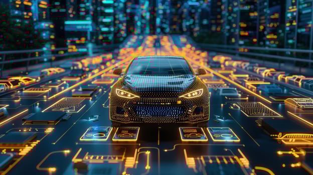 A sleek, self-driving car seamlessly navigates a digital road, representing the future of transport. photo