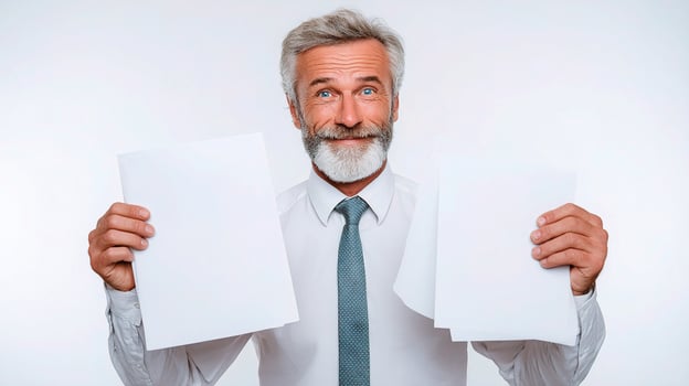 A man with a beard and tie holding up three blank papers photo