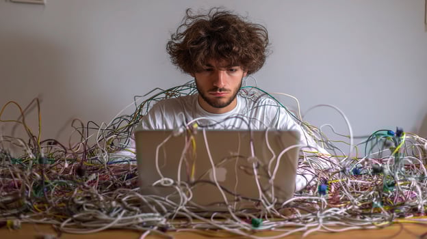 A man sitting in front of a laptop surrounded by wires photo