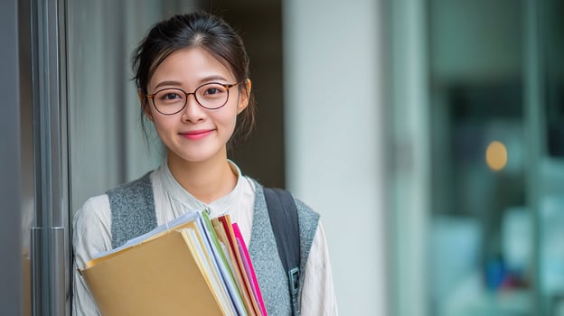 A young woman with glasses holding a folder photo