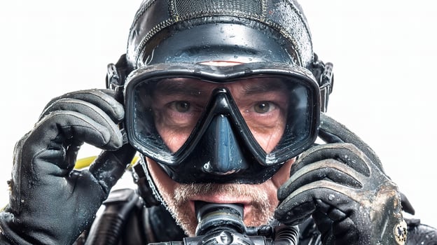 A man wearing a scuba mask and diving gear photo