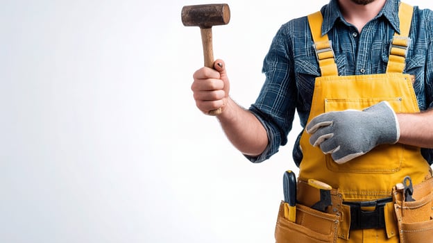 A man in overalls holding a hammer photo