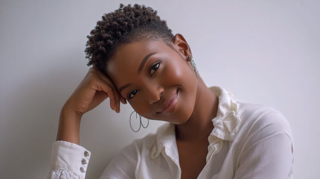 A woman with short hair smiling and posing photo