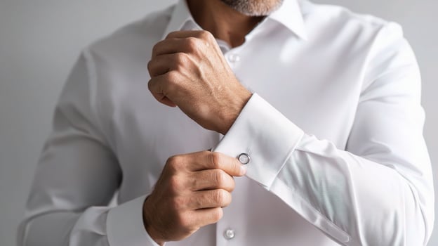 A man adjusting his shirt with a white shirt photo