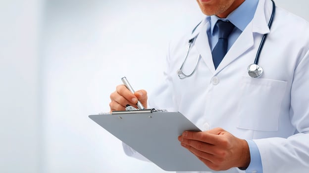 A male doctor is writing on a clipboard photo