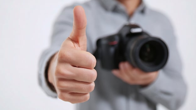 A man holding a camera and giving the thumbs up photo