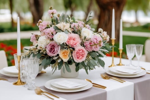 Elegant wedding table setting with beautiful floral centerpiece decorating a festive reception photo