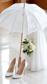 Elegant white lace parasol, bridal bouquet and high heel shoes standing near wedding dress photo