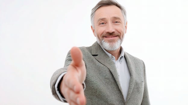 A man with a beard and suit is giving a thumbs up photo