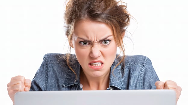 A woman is looking at a laptop screen with an angry expression photo