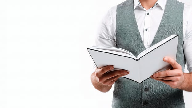 A man in a vest holding an open book photo