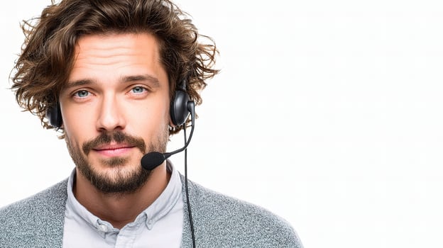 A man wearing a headset and a sweater photo