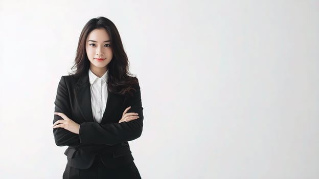 Asian business woman in black suit and tie standing with arms crossed photo
