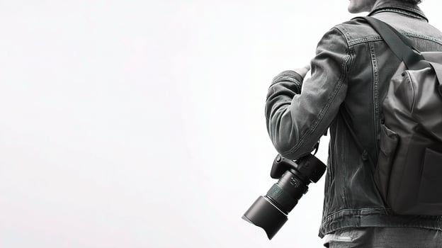 A man with a backpack and camera photo
