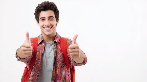 A young man with a backpack and a thumbs up photo