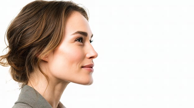 A woman in a business suit looking off to the side photo